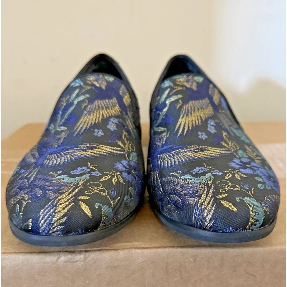 Steve Madden Men Size 8M Floral Wing Embroidered Brocade Slip On Smoking Loafers